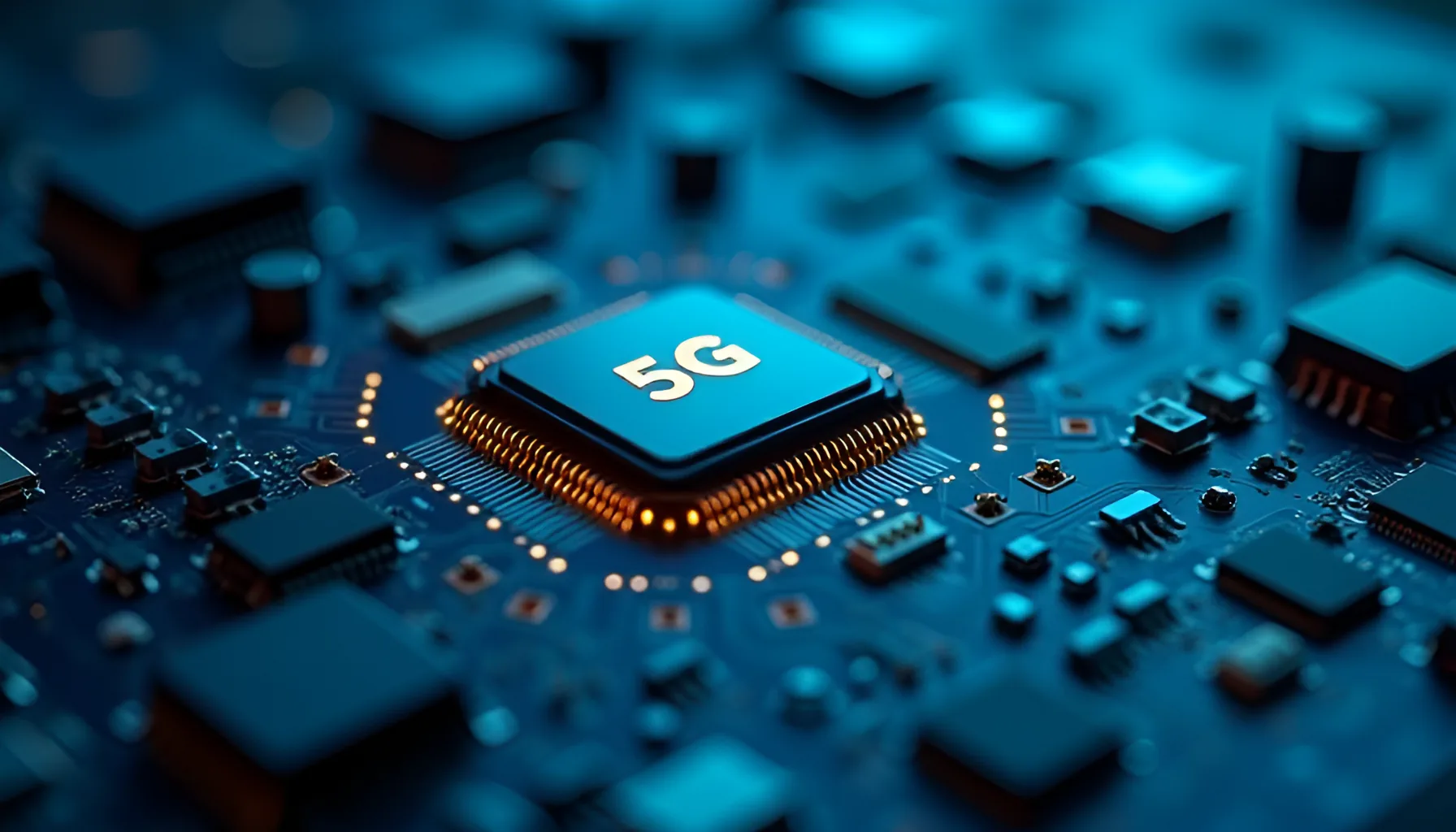 스마트폰 메인보드와 모바일 5G 프로세서 칩의 정밀한 회로 배선을 담아 퀄컴의 칩 사업을 상징하는 이미지